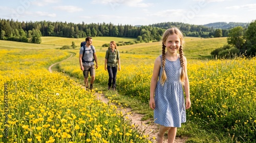 Family hiking together on a sunny day through a beautiful flower filled meadow