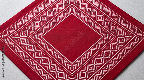 Elegant red tablecloth with intricate white geometric patterns for dining settings