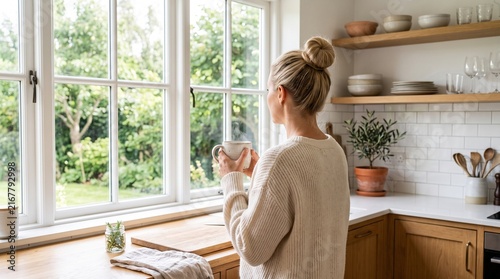 Cozy woman enjoying a hot drink while gazing out at a lush garden from her kitchen