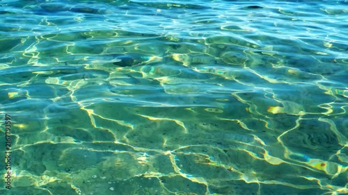 Sunlit turquoise ocean water surface with shimmering caustic light reflections and gentle rippling waves. Pure tropical sea background.