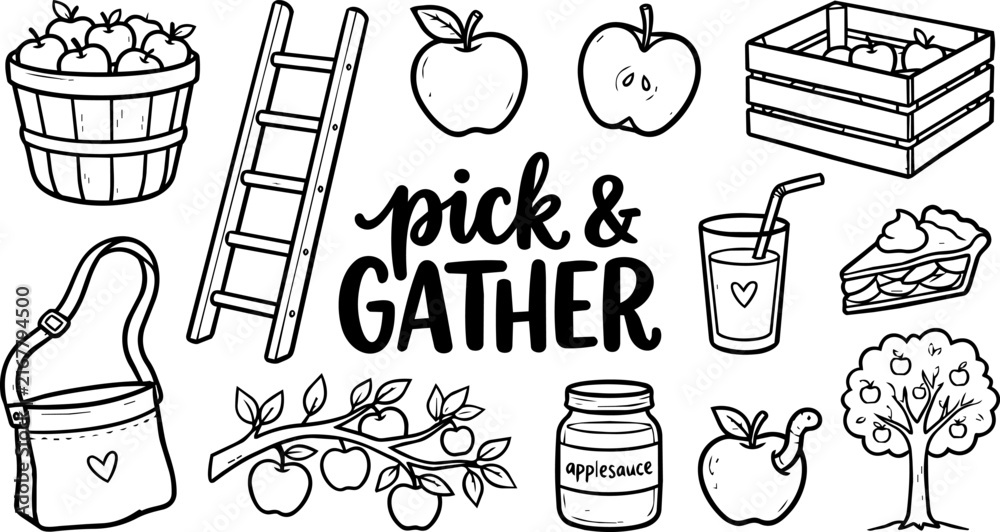 Fototapeta premium Apple Picking Doodle Set autumn vector line art on white background