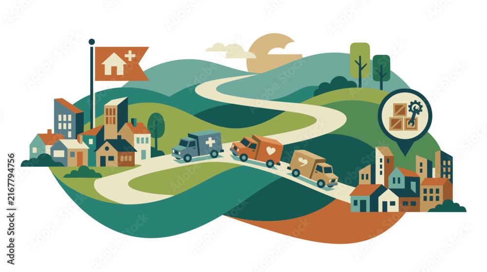 Fototapeta premium Humanitarian aid trucks delivering medical supplies through a stylized landscape connecting urban and rural community settlements