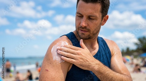 Close-up of man applying sunscreen lotion to shoulder outdoors, protecting skin from sun, healthy lifestyle, skincare, beach, summer, sun protection, male, candid, sunny day, blue sky