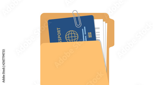 Manila folder containing a blue international passport and official document papers for travel visa and immigration application