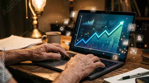 Close-up of weathered elderly hands typing on a laptop keyboard, glowing screen displaying upward-trending financial data charts and graphs, desk with documents and coffee mug, AI and business