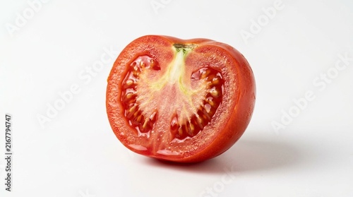Halved ripe red tomato half showing glistening juicy flesh, exposed seeds, and pale core on pure white background, fresh healthy vegetable close-up food photography