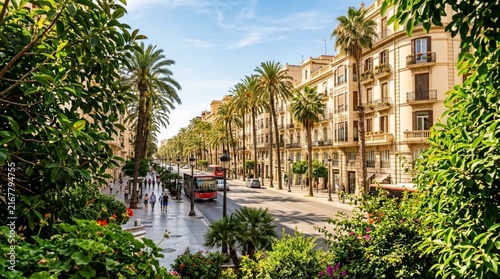 Lush green foreground foliage framing a sun-drenched Valencia boulevard lined with tall palm trees and midcentury apartment buildings with balcony