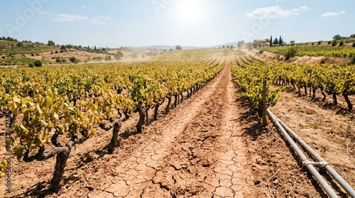 Rows of gnarled grapevines stretching across sunbaked French countryside vineyard with cracked dry red clay path under bright sunlight