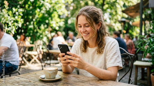 Smiling young woman at outdoor cafe on sunny summer afternoon, looking down at her black smartphone while cappuccino sits on wooden table with lush green foliage background