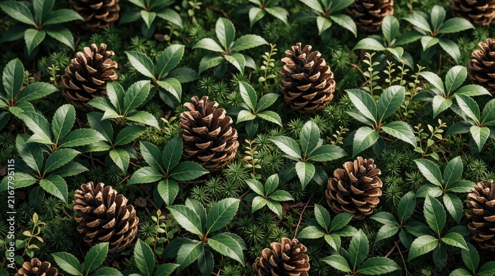 Obraz premium Close-up of green leaves and pine cones on forest floor. Natural scene with eco-friendly concept for relaxation use. Serene and stunning views of serene setting.