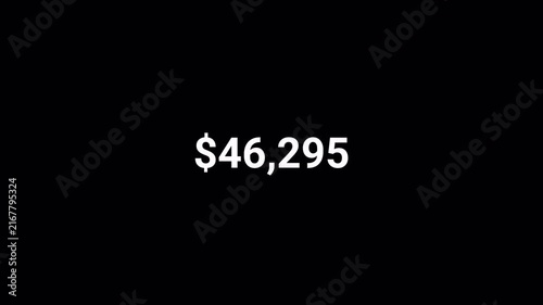 Number counter animation  on a transparent background  with alpha channel , Counting Numbers from $0 to $49,999 on a black background, Counting number video  
