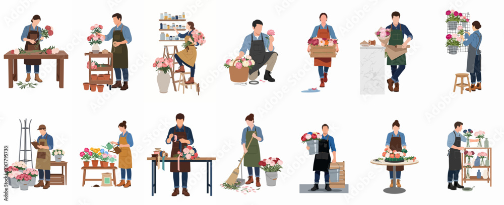 Fototapeta premium A diverse set of florist characters working in a flower shop, arranging bouquets, caring for plants, and performing various floral business activities.