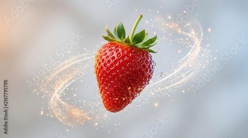 Vibrant strawberry surrounded by swirling water droplets.