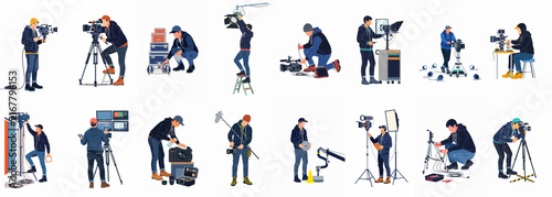 Professional film production crew illustrations showing camera operators, sound engineers, and lighting technicians with gear, isolated on white.
