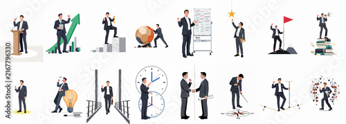 Fotografie Collection of businessmen illustrations representing diverse business concepts, professional growth, leadership, and successful corporate strategies in various metaphoric scenarios