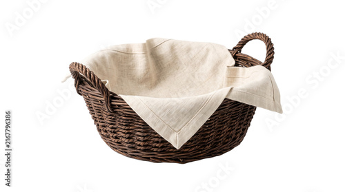 Woven wicker bread basket with linen cloth lining PNG Isolated on transparent background