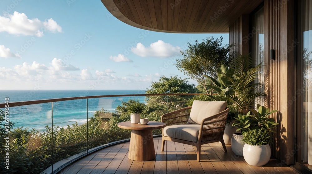 Fototapeta premium Empty balcony with armchair, small table, and potted plants offers ocean view. Relaxing outdoor space with sea, sky, and green foliage. Perfect for vacation.