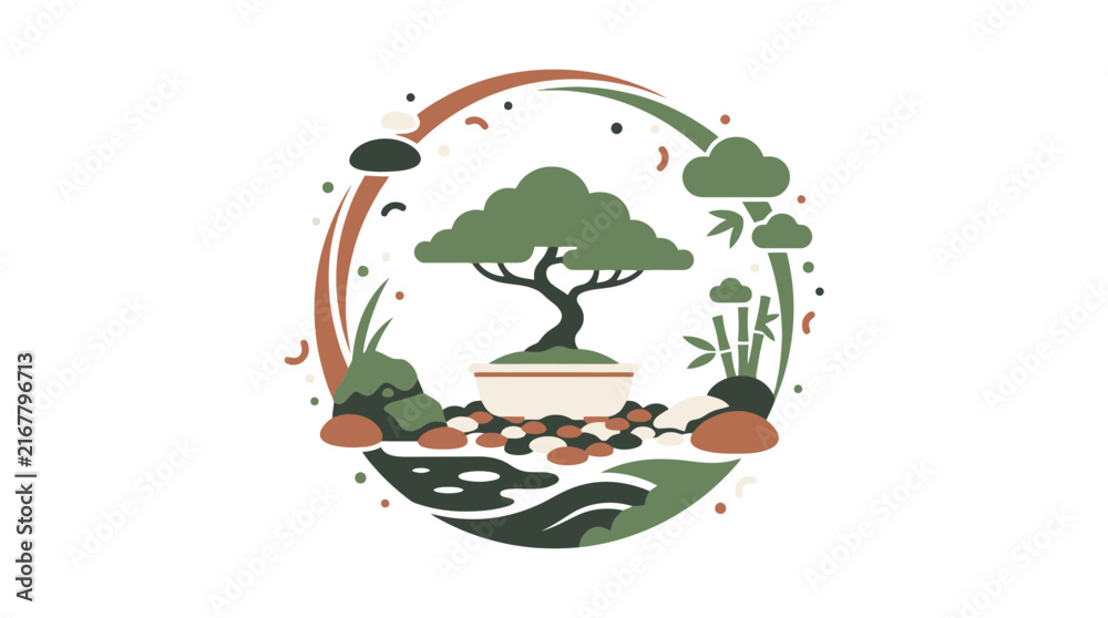 Fototapeta premium Bonsai Japanese garden tree vector logo illustration badge. SVG Editable. Vector Illustrations.