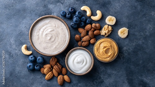 Bowls of yogurt with nuts, berries, and peanut butter on a dark background. Healthy breakfast concept for nutrition and dietary lifestyle advertisements.