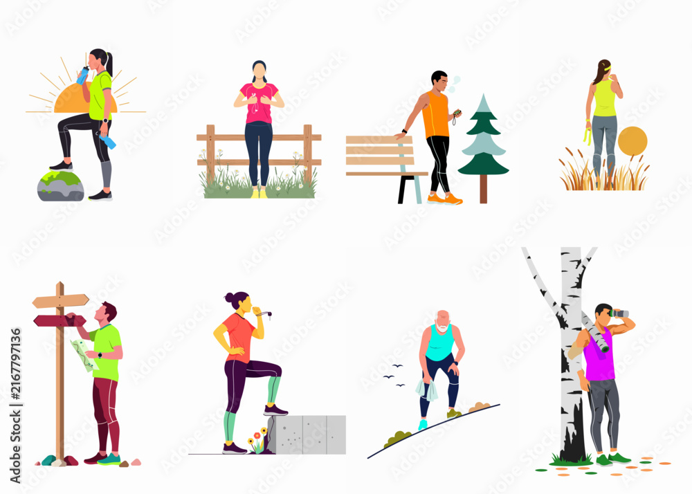 Fototapeta premium Set of flat vector illustrations depicting active people engaged in outdoor exercises, hiking, and fitness activities in various natural environments.
