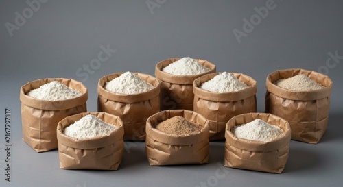 Variety of flours in paper bags on a gray background