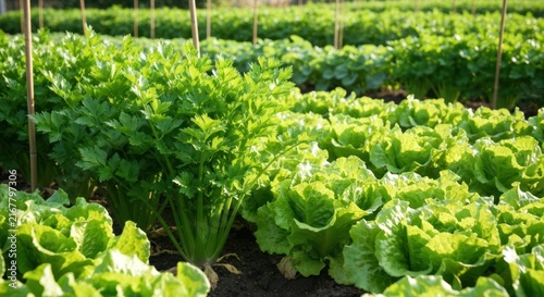 Verdant rows of leafy greens under warm sunlight in a garden