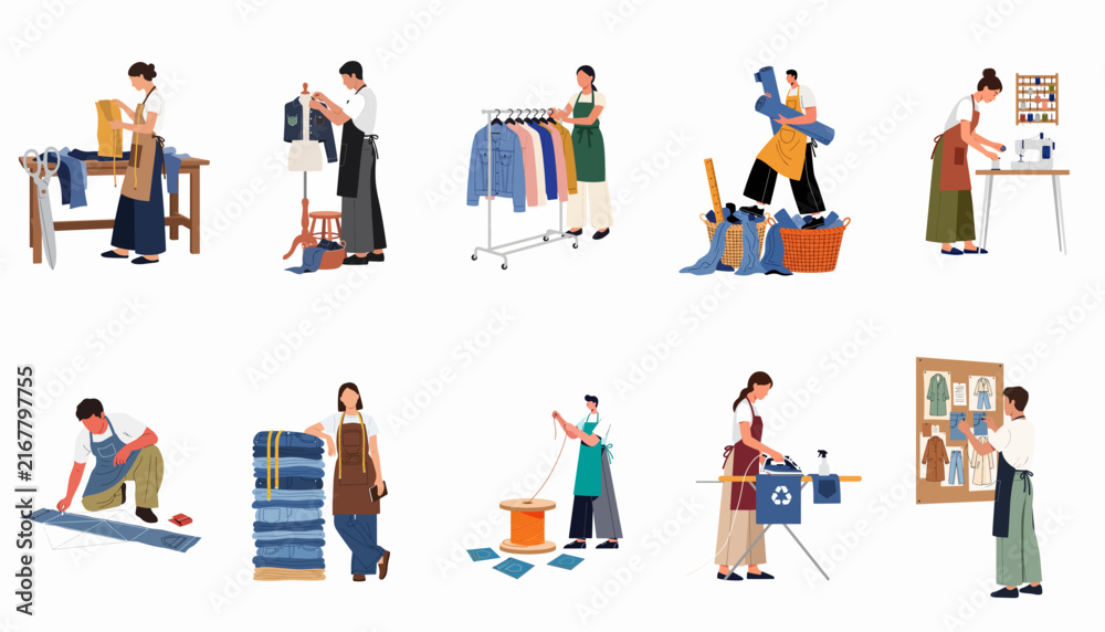 Fototapeta premium Flat vector illustrations of people in various stages of denim garment production, including sewing, tailoring, and upcycling for sustainable fashion.