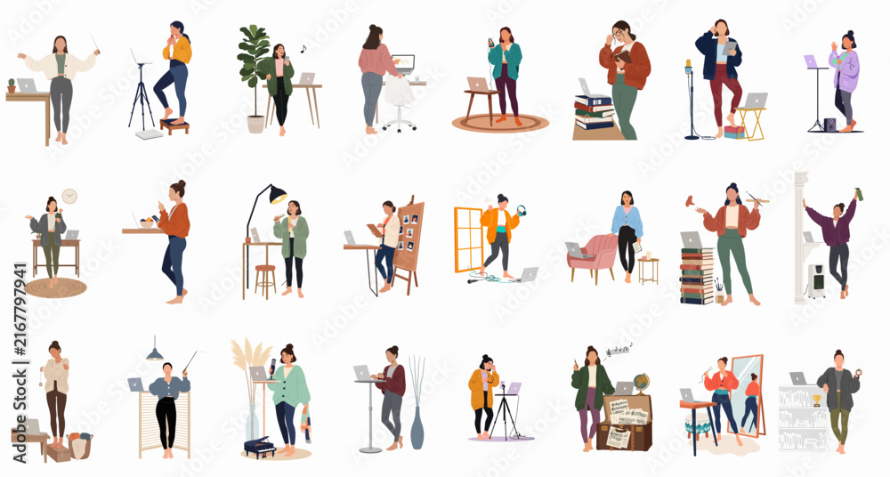 Fototapeta premium Set of 24 Flat Character Illustrations Showing Various People Engaging in Work, Study, and Leisure Activities at Home