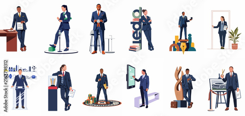 Diverse Set of Professional Business People Illustrations in Various Poses and Office Scenarios, Flat Design Vector Collection for Corporate and Professional Concepts.