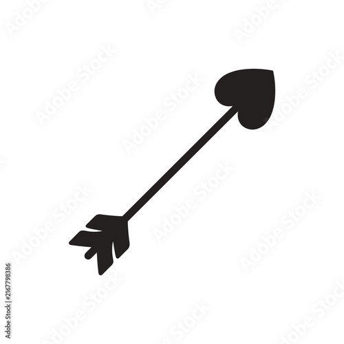 Black silhouette of a cupid arrow with a heart shape head and feather tail.