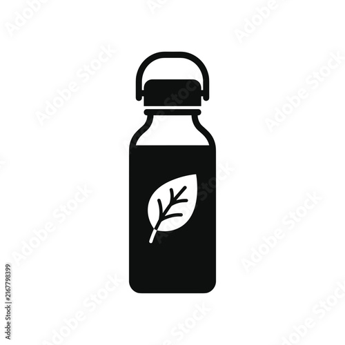 Black water bottle with leaf icon.