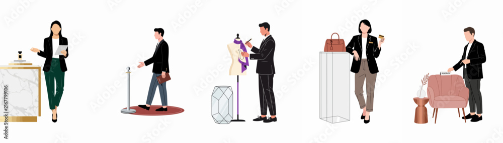 Obraz premium Set of professional character illustrations including fashion designer, luxury retail staff, and interior stylist on white background.