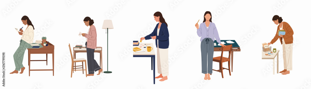 Obraz premium A collection of flat illustrations showing various women engaged in daily activities, working from home, and household tasks in a minimal style.