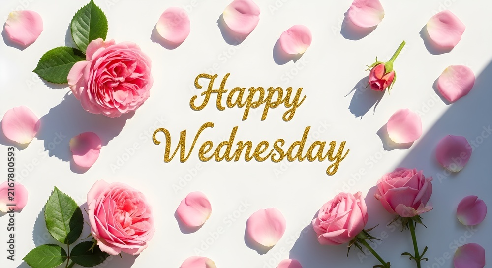 Obraz premium Happy Wednesday greeting card with pink roses and petals on white background.