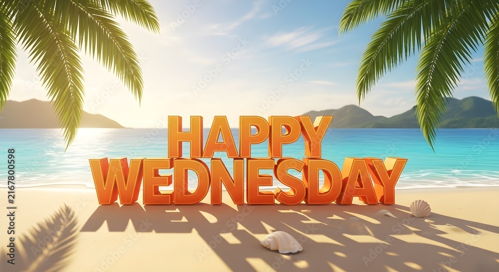 Fototapeta premium Happy Wednesday 3D text on a beautiful tropical beach with palm trees and ocean.