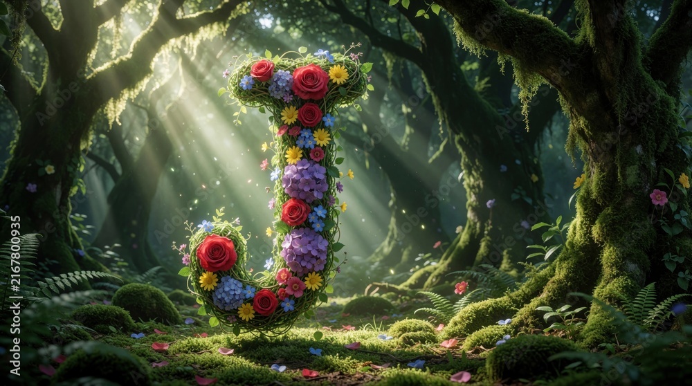 Naklejka premium Floral letter J made of colorful roses, blooming flowers stands in magical sunlit forest. Enchanted alphabet character sits among mossy trees, ferns. Bright sun rays shine through green leaves