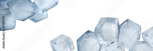 Many big ice cubes banner isolated on transparent background. Cold drink frame design PNG. Food element border close up. Photo for tea, summer cocktail packaging. Low temperature concept. Minus degree
