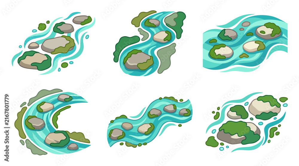 Obraz premium Stylized vector graphic collection featuring flowing blue river streams with smooth mossy stones and rocks