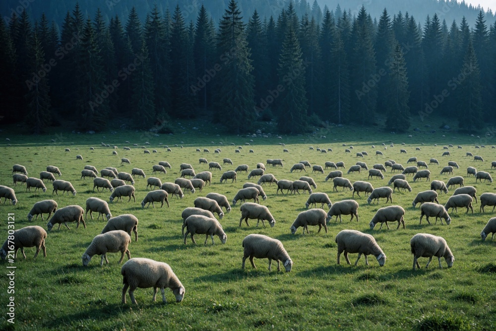 Naklejka premium Massive flock of sheep grazes on wide green meadow. Large herd of farm animals eats grass in rural pasture. Dense dark pine forest stands behind hills under soft daylight. Scenic Balkan landscape