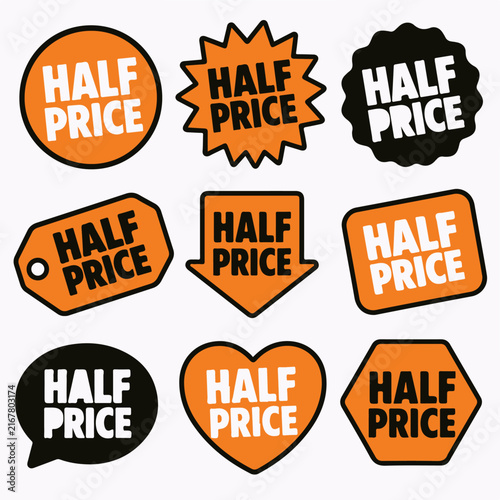 A collection of orange and black promotional sale stickers and piggy bank icons on a white.
