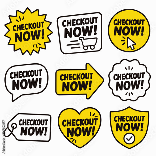 A collection of yellow and white checkout now stickers and icons are arranged in a grid.