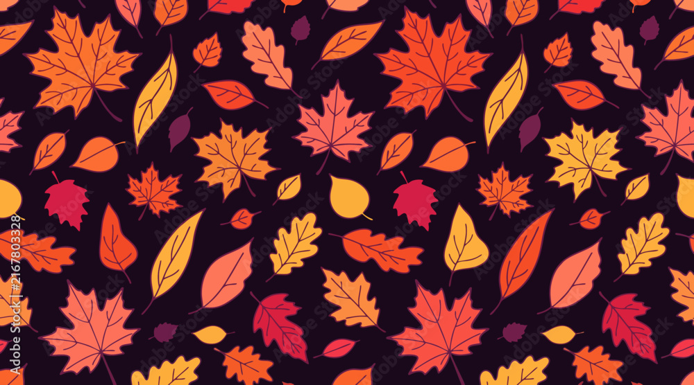 Fototapeta premium Vibrant autumn leaves pattern vector illustration featuring bright fall foliage on a dark navy blue background