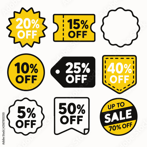A collection of yellow and black discount labels and price tags features various.