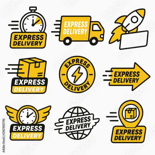 A collection of yellow and black express delivery icons featuring trucks, rockets, and.
