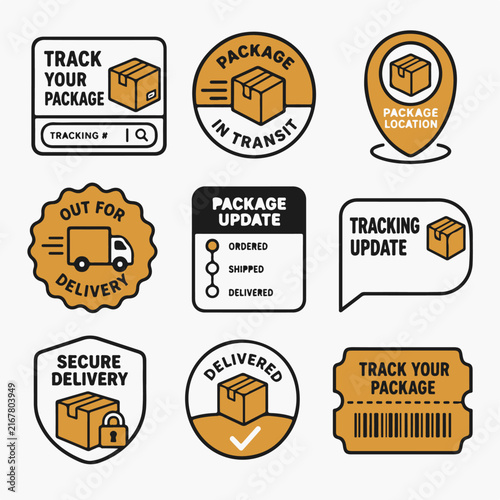 A collection of delivery and package tracking icons is displayed in a grid format.