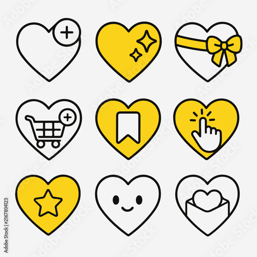 Nine yellow and white heart icons with various symbols in a minimalist line art style.