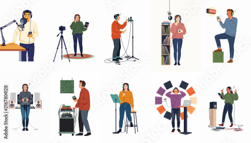 Diverse collection of flat vector illustrations showing people podcasting, recording voiceovers, and working in professional audio studios with various sound equipment.