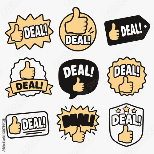 A collection of hand-drawn cartoon badges with thumbs up icons and the word deal.