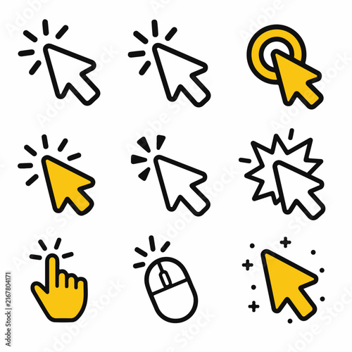 A set of nine minimalist computer cursor icons in yellow and white on a white background.