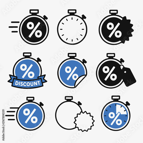 Flat vector icons of stopwatches with percentage signs for limited-time discount offers.